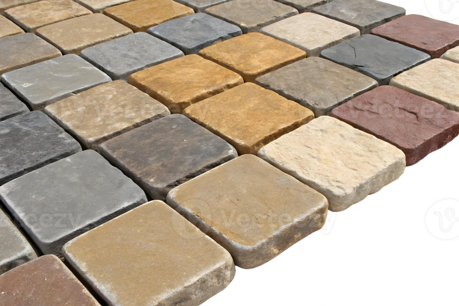 Close up of a variety of square paving stones in different colors arranged in a repeating pattern png