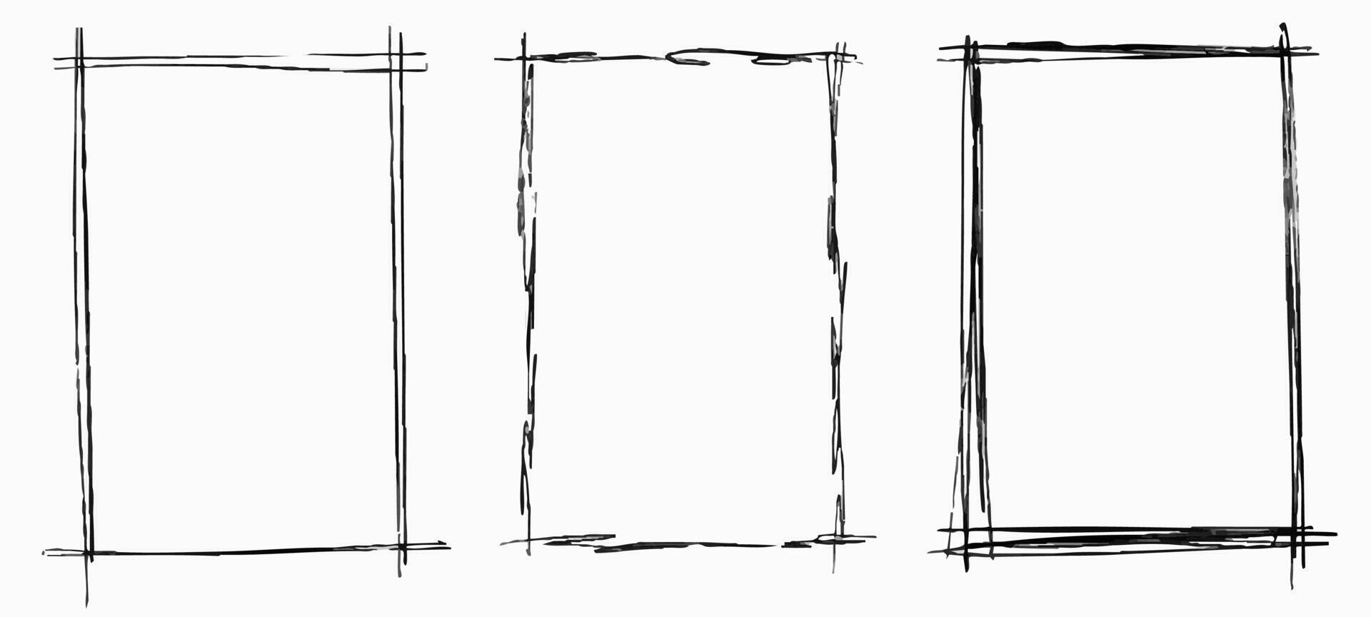Three black charcoal frames, sketched empty borders for texts and images, freehand graphic design elements. illustration. vector