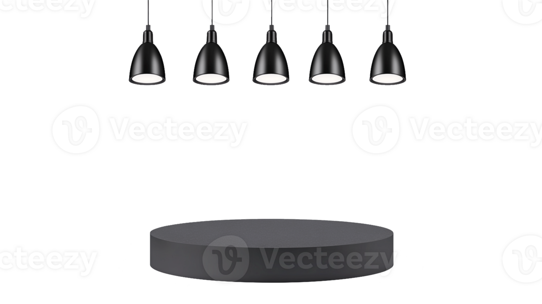 Minimalist Product Display with Floating Dark Gray Platform and Black Pendant Lights png