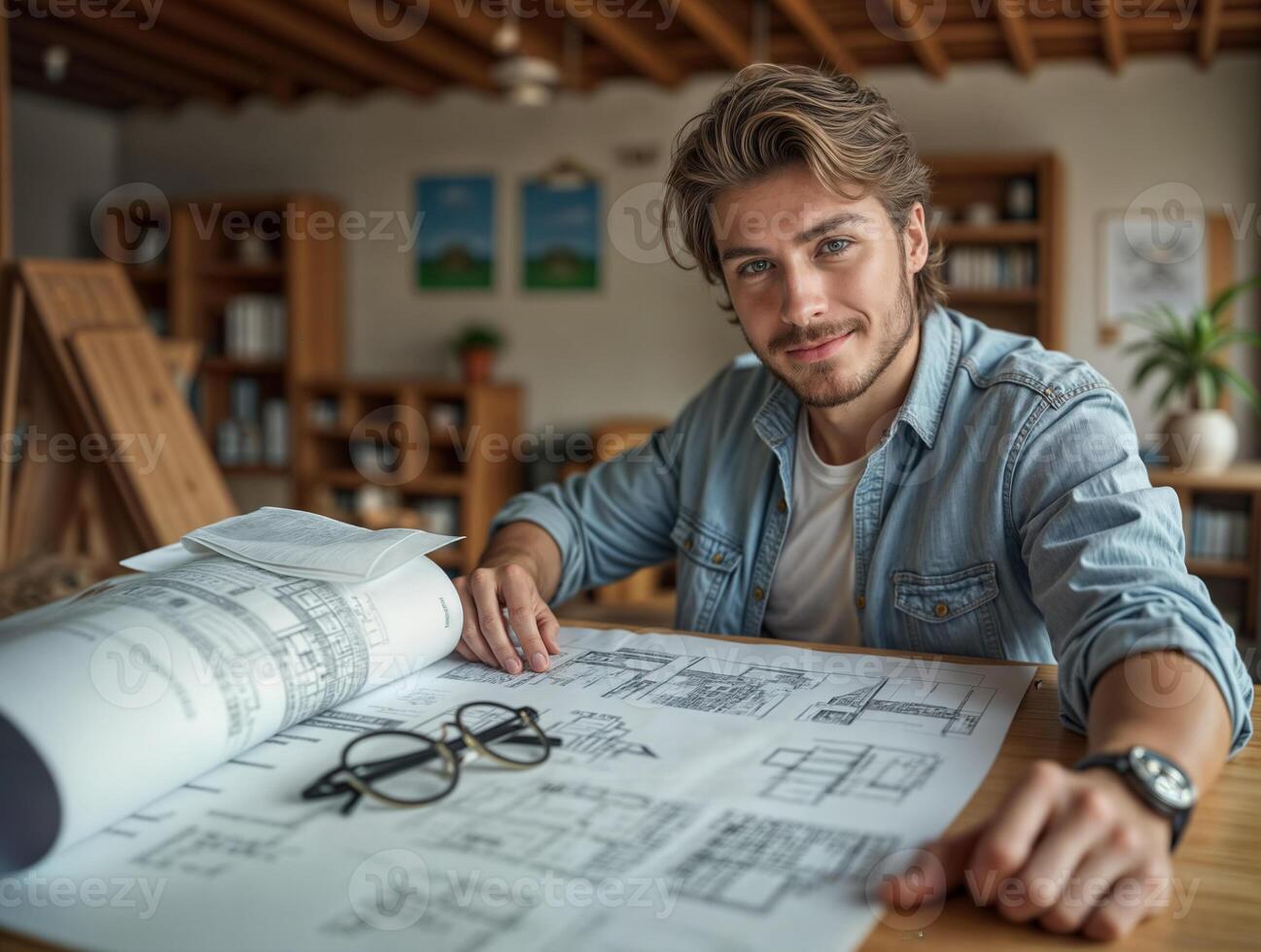 A male architect sits at a table with a large sheet of paper in front of him. He smiles and enjoys himself. photo