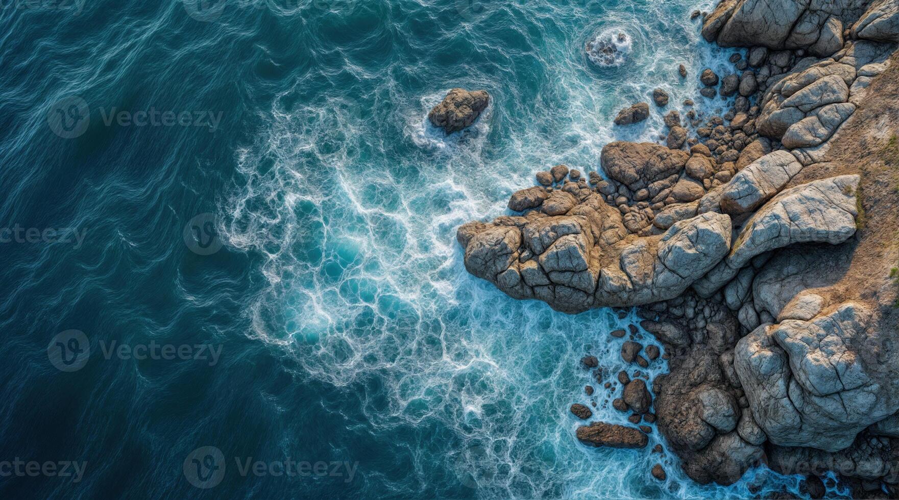 The ocean is blue and has a rocky shoreline. The waves are crashing against the rocks. The water is choppy and the rocks are scattered throughout the area. photo