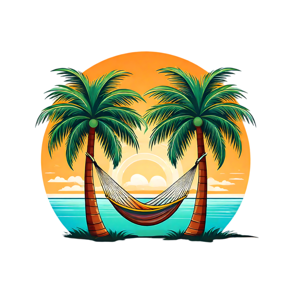 Relaxing on the beach under palm trees during sunset with a hammock png