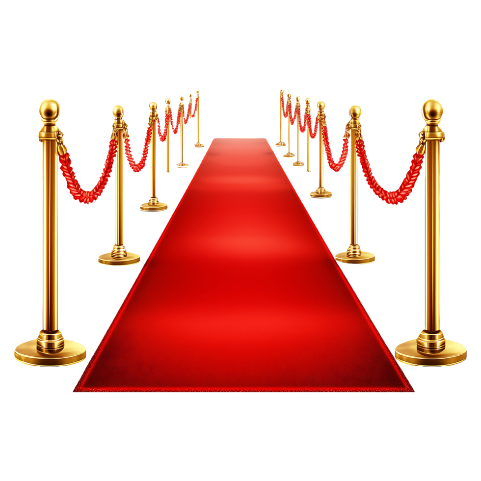 Red carpet entrance with golden stanchions and red ropes, symbolizing luxury, elegance, and VIP events, png