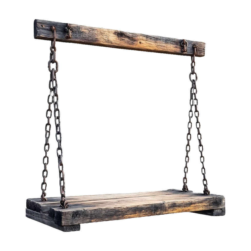 Rustic wooden swing with metal chains, evoking a vintage, charming look, perfect for rustic decor, outdoor furniture, png