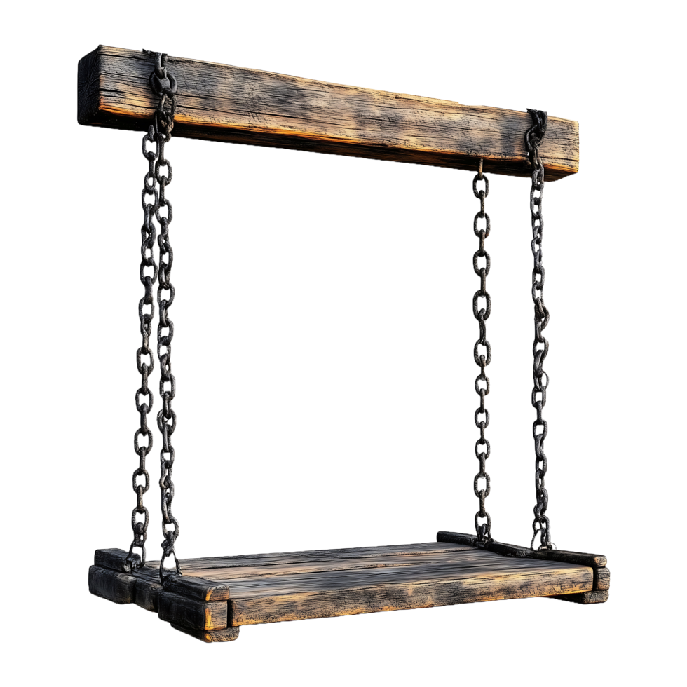 a wooden shelf with chains hanging png