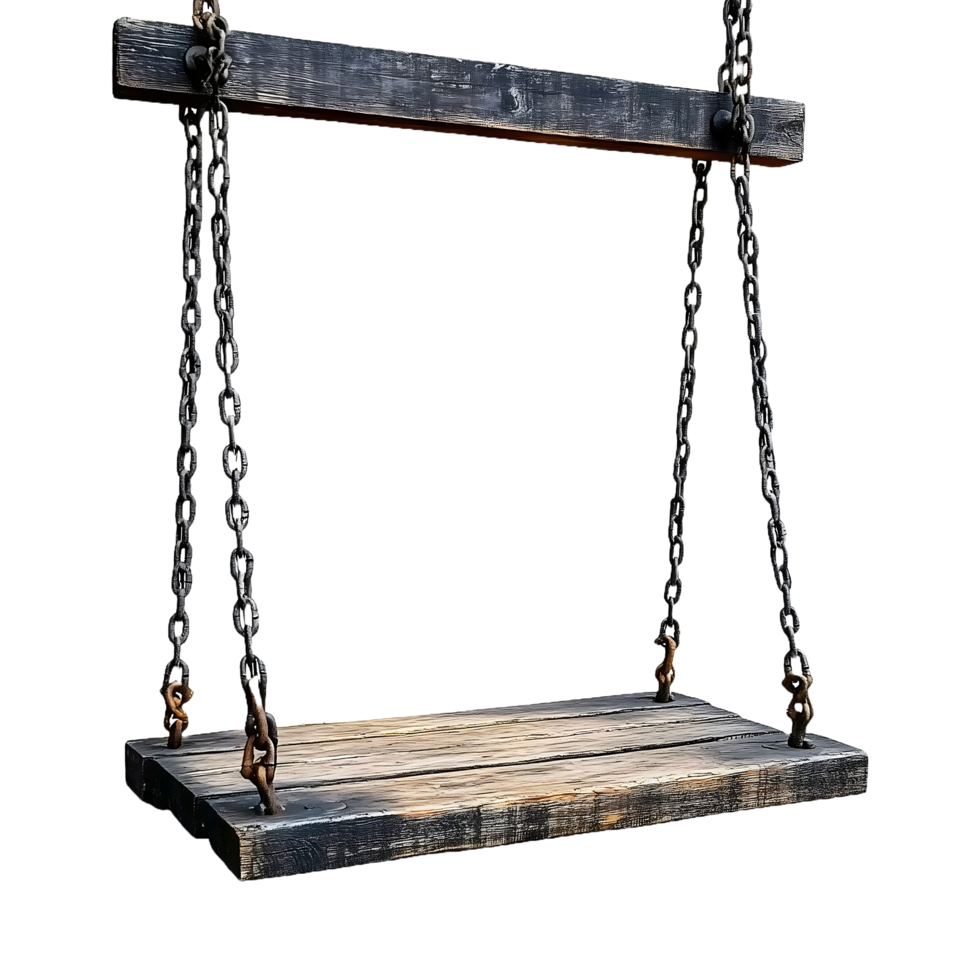 Rustic wooden swing with metal chains on transparent background png