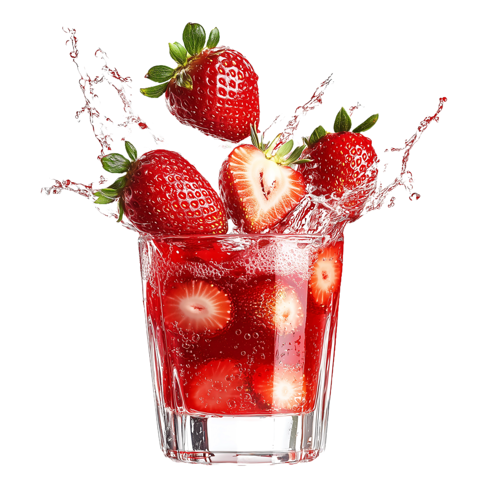 strawberries falling into a glass of water on transparent background png