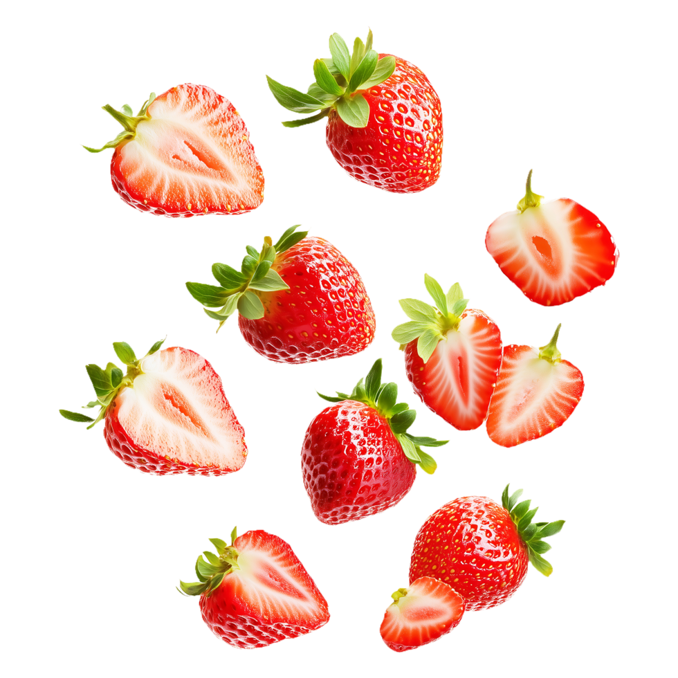 Falling fresh strawberries with slices in mid-air, perfect for vibrant food photography png