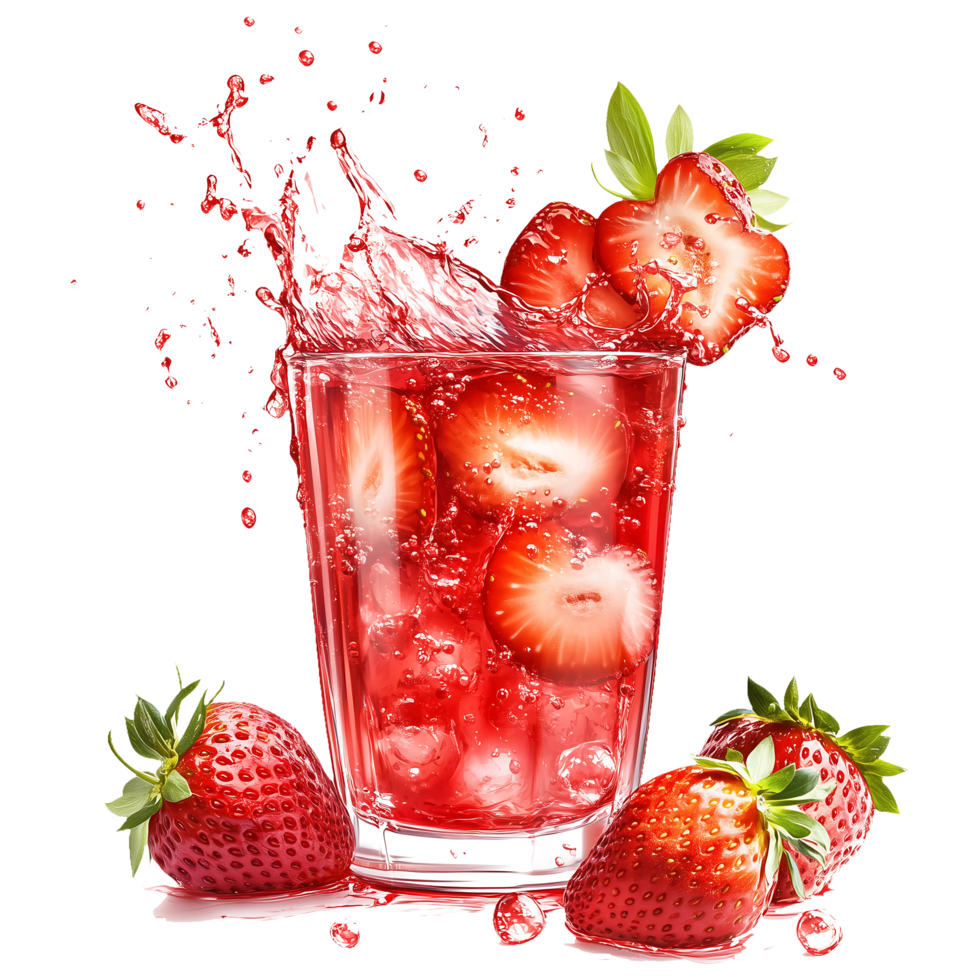 strawberry juice with splash on transparent background ideal for beverage, fruit, png