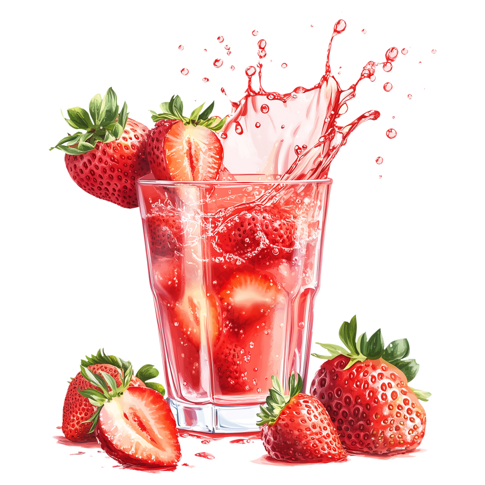 strawberry juice with splash and strawberries on transparent background ideal for beverage, fruit, summer png