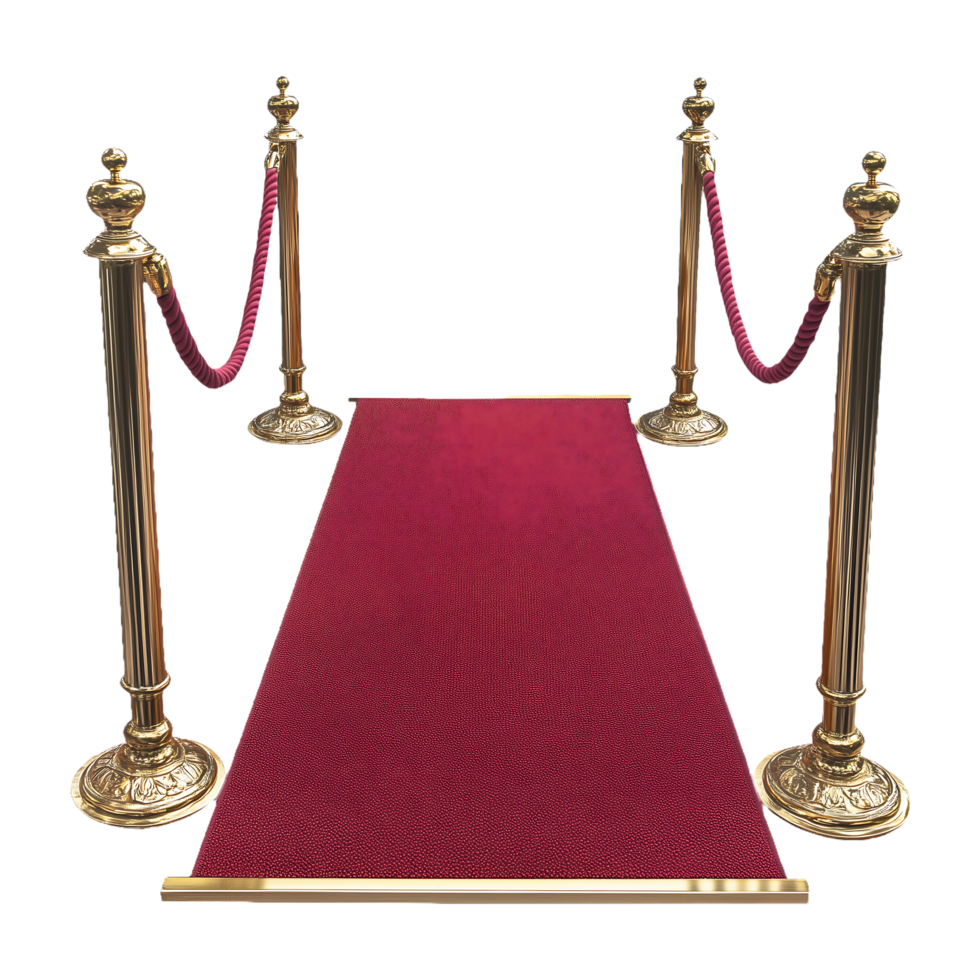 VIP Red carpet entrance with golden stanchions and red ropes, png