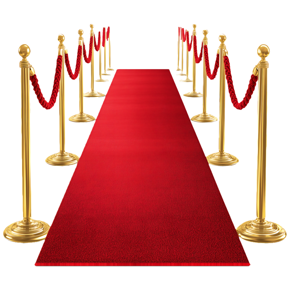 Red carpet entrance with golden stanchions and red ropes, symbolizing luxury, elegance, and VIP events, perfect for red carpet themes, celebrity, and prestigious celebrations png