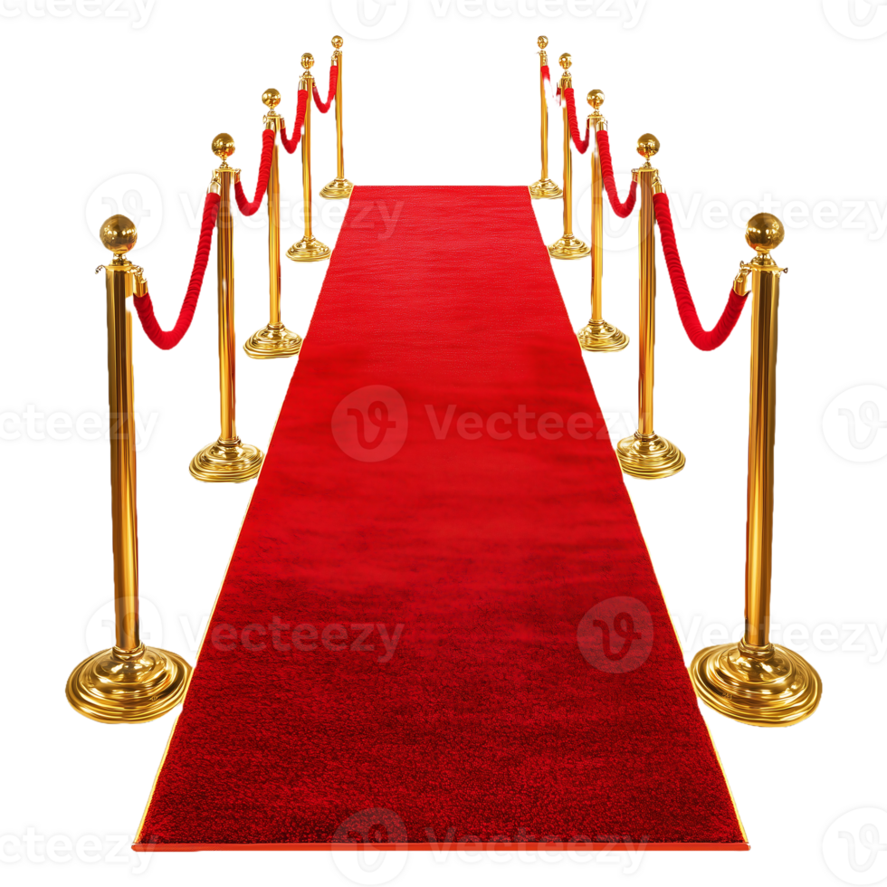 Red carpet entrance with golden stanchions and red ropes, symbolizing luxury, elegance, and VIP events, perfect for red carpet themes, png