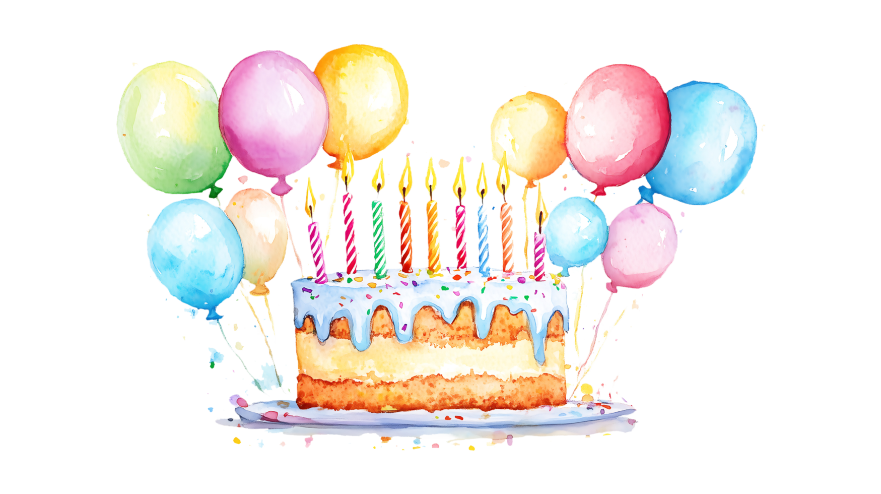birthday cake with candles and balloons watercolor illustration png