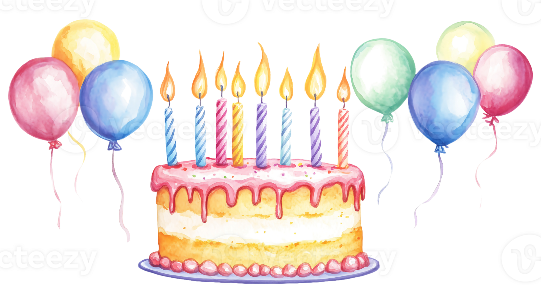 birthday cake with candles and balloons png
