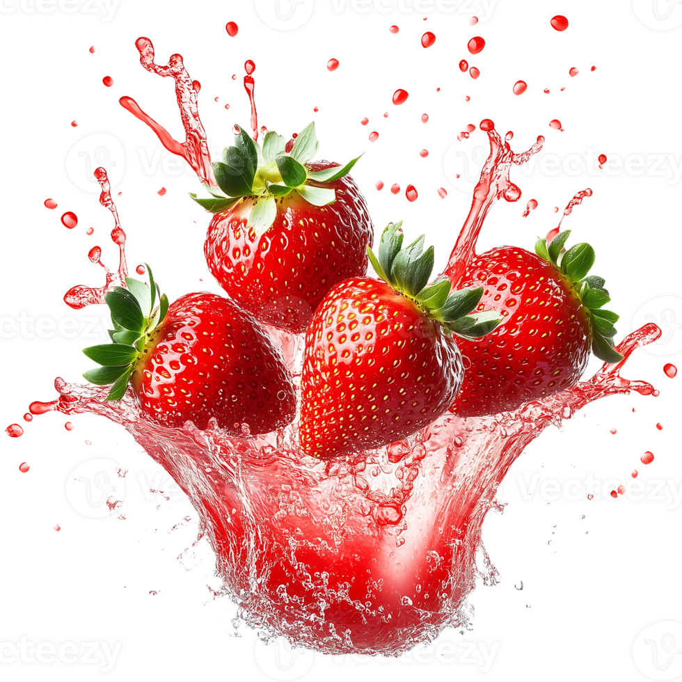 Fresh strawberries splashing in juice on transparent background png
