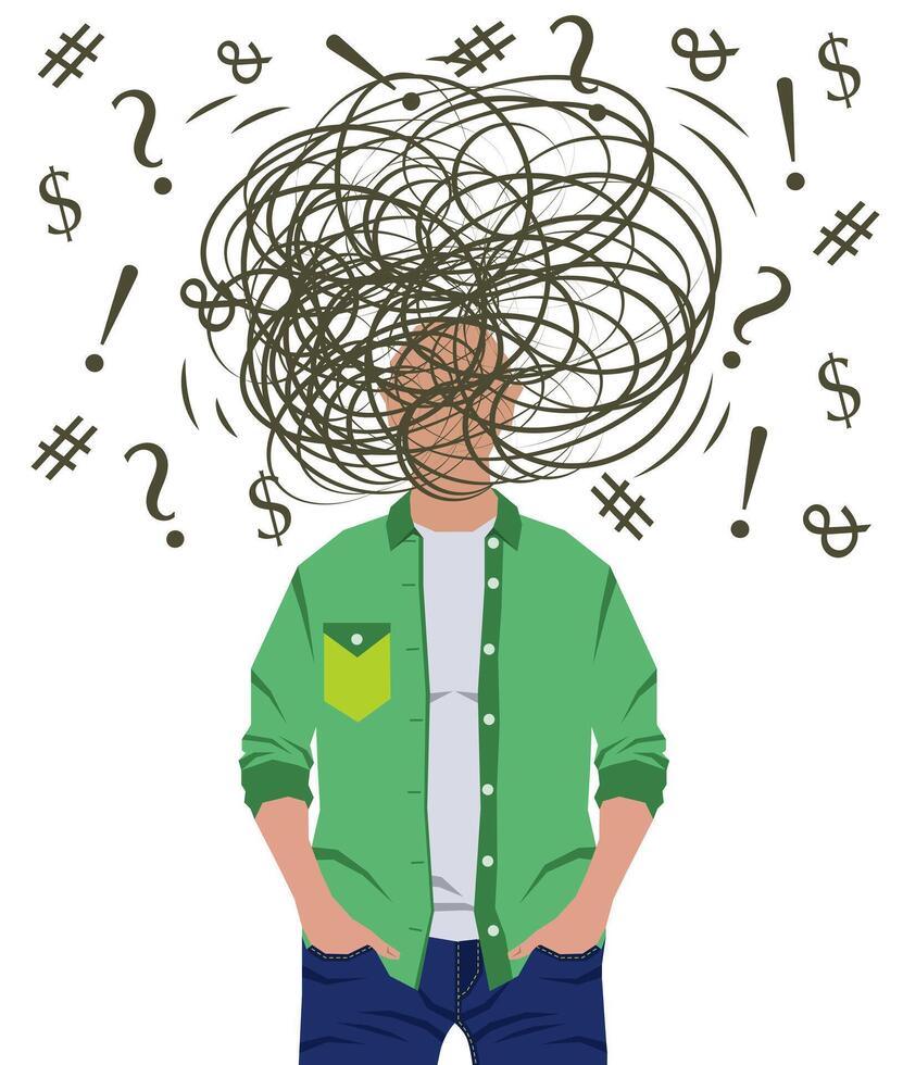 Man thinks. Male character standing with question mark and currency symbols flat illustration. vector