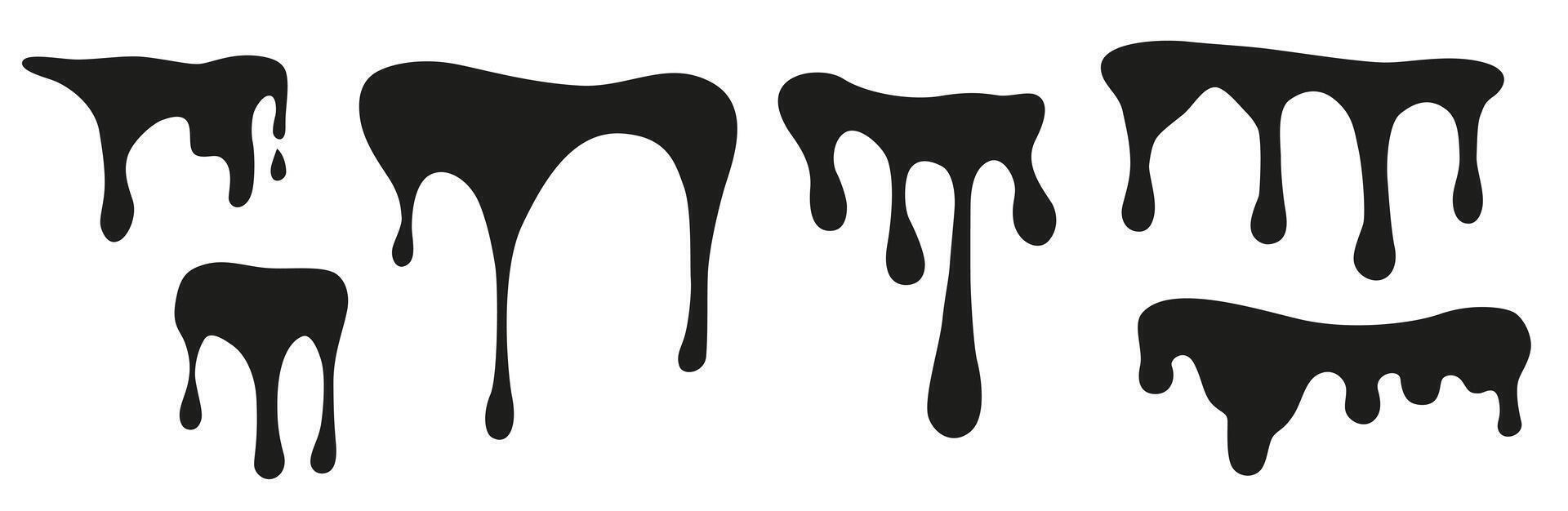 Melting paint in black color. Abstract liquid substance dripping and flowing. Set of runoff substance. vector