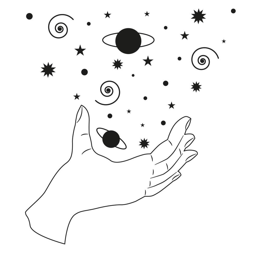 Constellations and astronomy. Hands holding heavenly bodies. Space and universe, in flat style. vector
