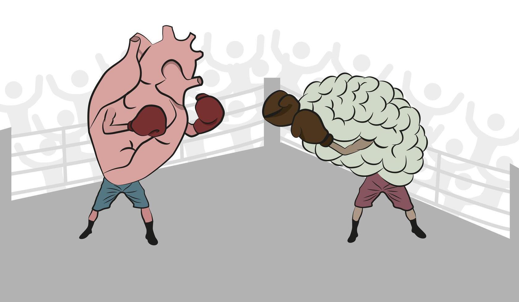 Brains vs. hearts in the ring. The age-old struggle of the mind against the feelings. vector