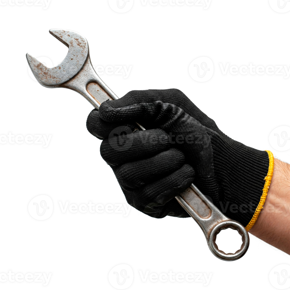 Hand wearing work glove holding a wrench cut out png
