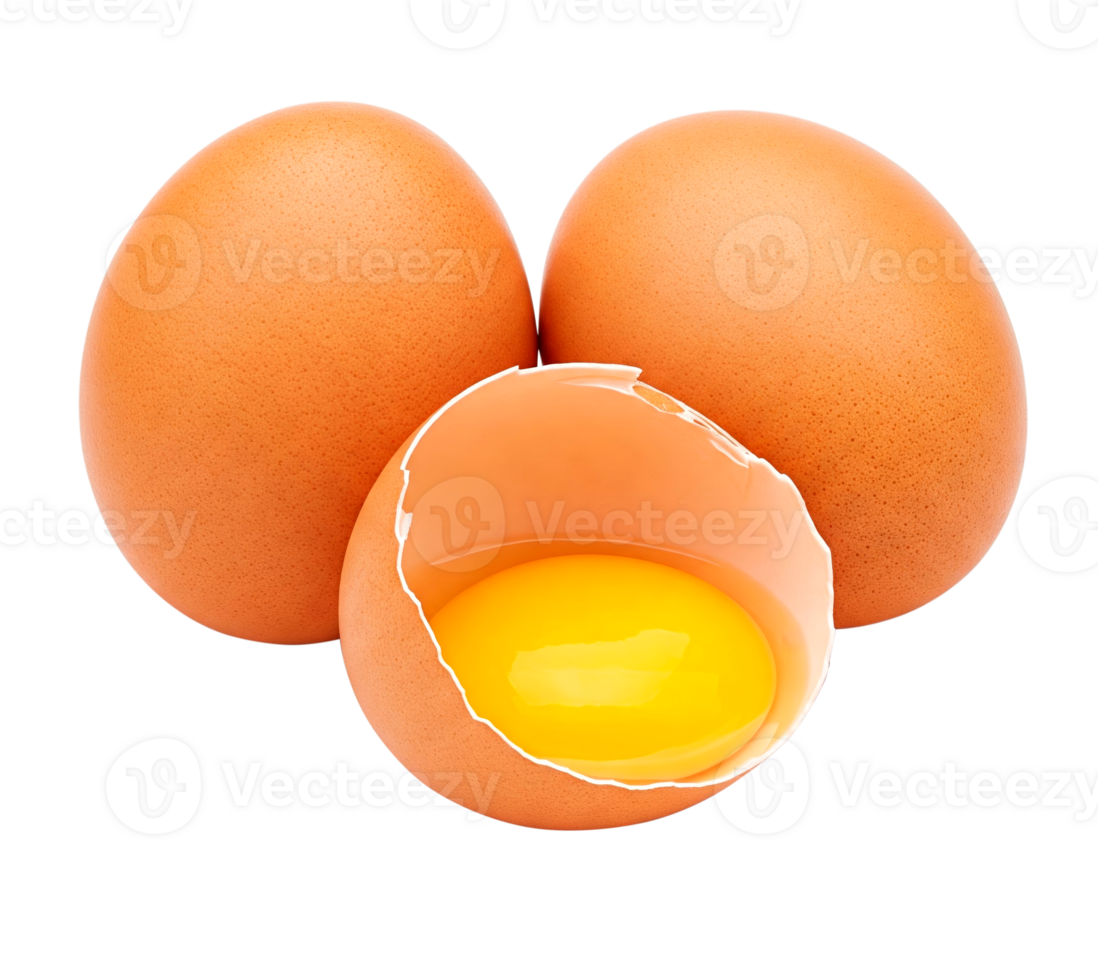 Group of brown chicken eggs and one broken open egg showing its yolk cut out png