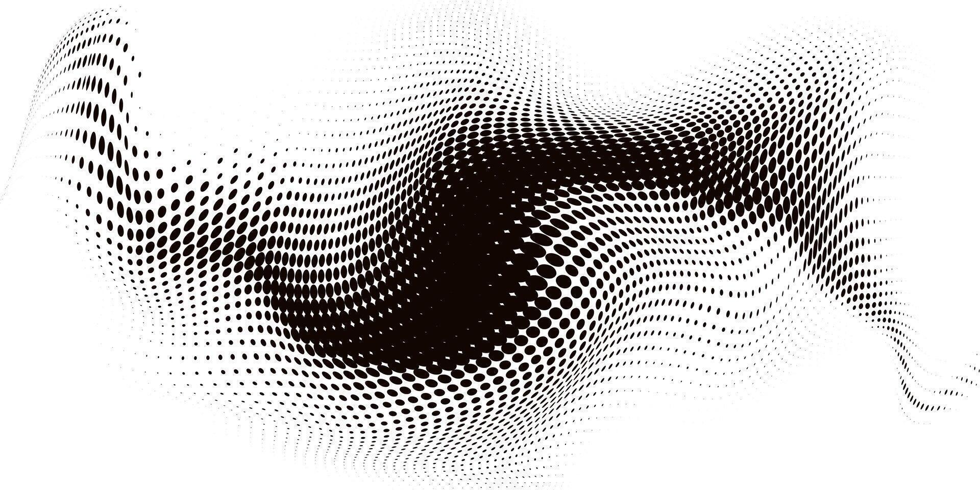 Abstract Black Halftone Curly Wave Isolated on White Background. Trendy wave pattern with flowing dotted texture and fade shadows. Perfect for posters, branding, web, print vector