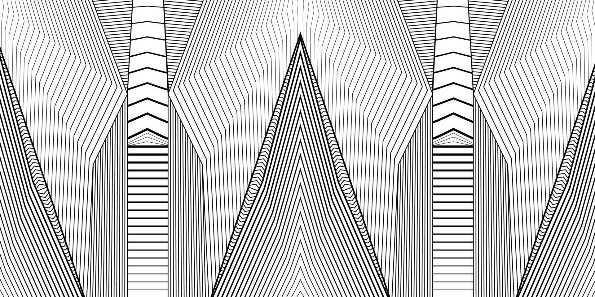 Intricate Black and White Architectural Line Art with Symmetrical Thin Lines. Dynamic linear design with overlapping geometric shapes, optical illusions, and abstract patterns. Perfect for print, web vector