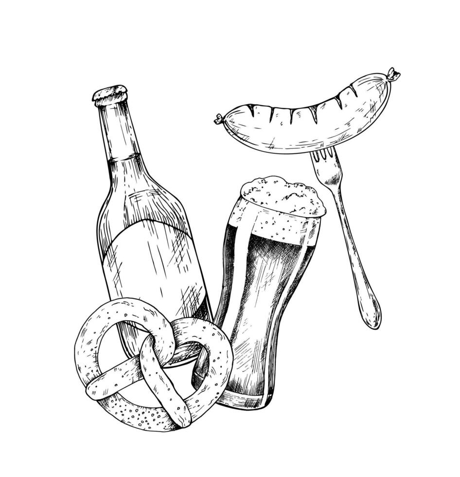 grilled sausage on fork. Bavarian pretzel, Brezel with salt. Graphic German bottle of beer, bratwurst illustration isolated on background. Hand drawn line sketch. For designers, prints vector