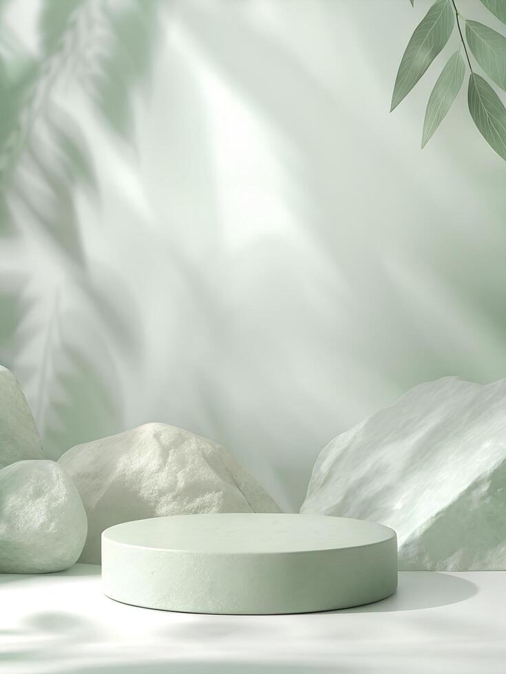 A white round pedestal with leaves and rocks photo