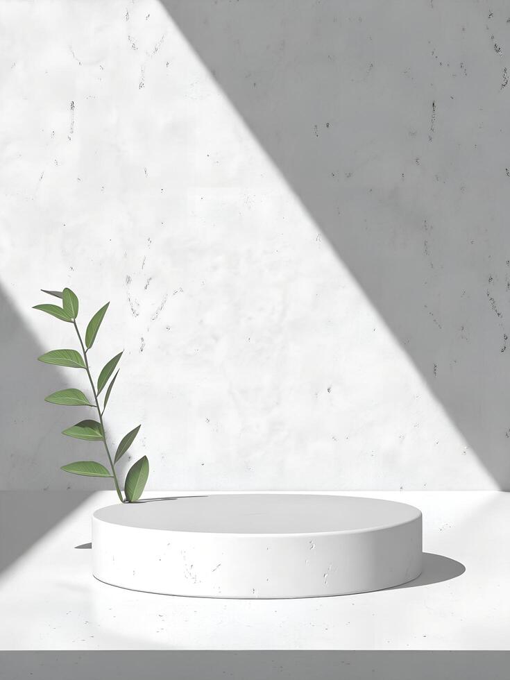 A plant on a white pedestal in front of a wall photo