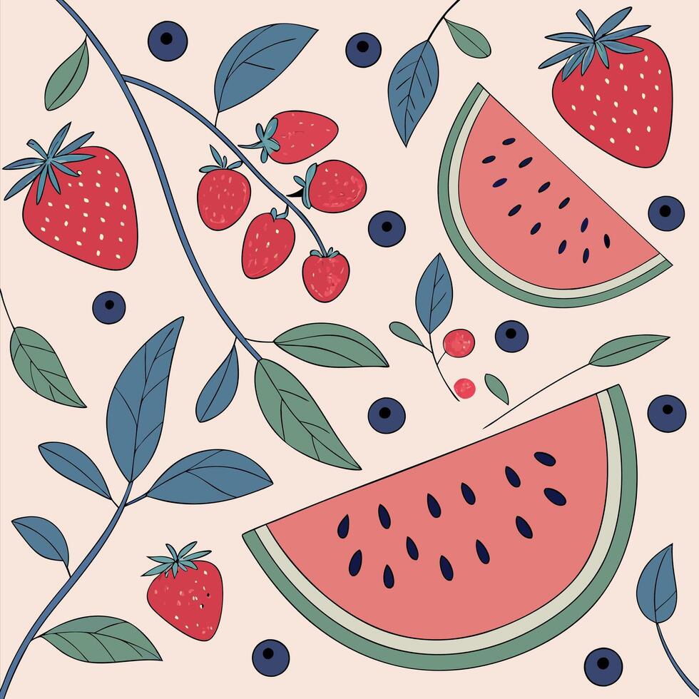 Summer watermelon pattern with watermelon and berries vector