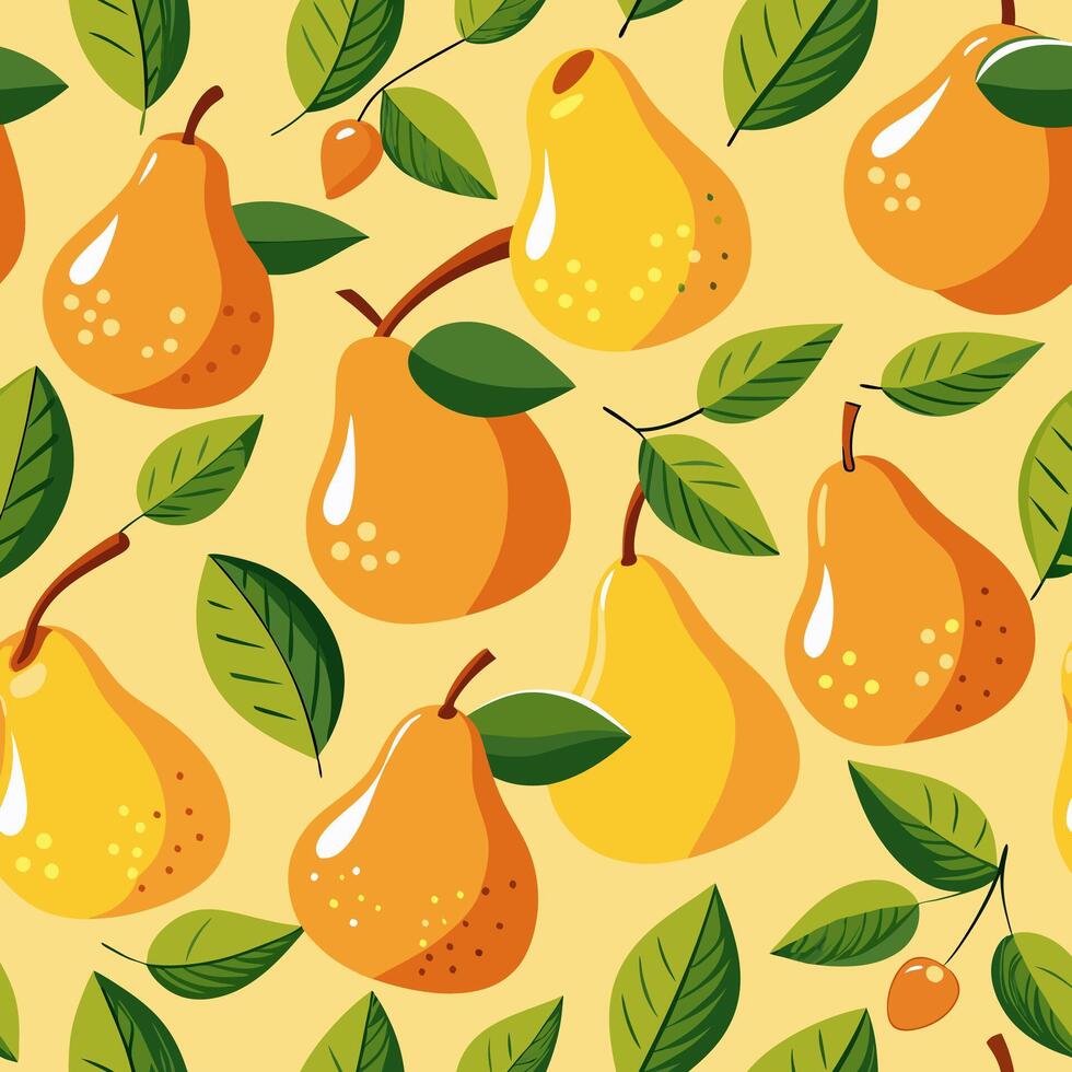 Juicy pears with speckles on a yellow background with foliage vector