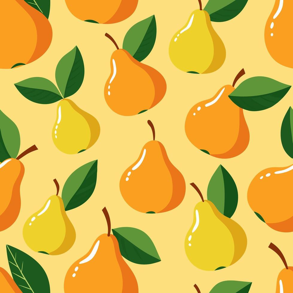 Juicy pears with green leaves on a yellow background vector
