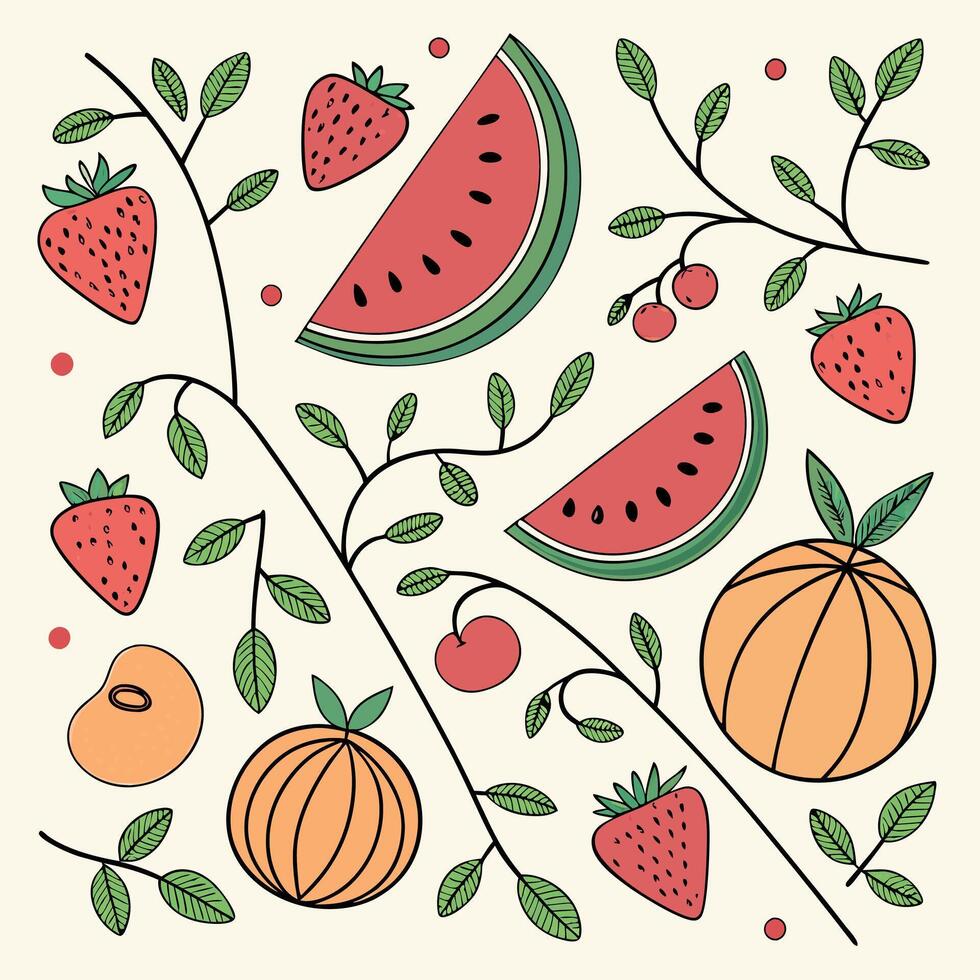 Summer watermelon and melon print with berries vector