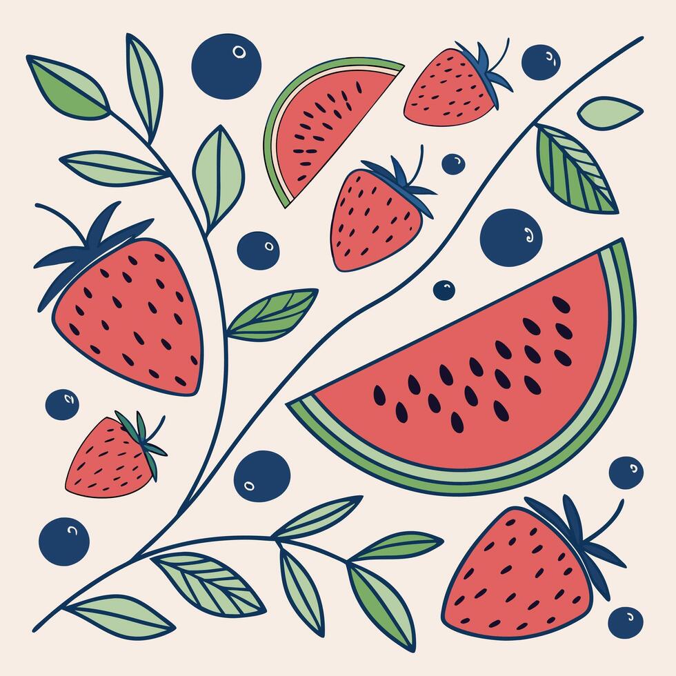 Watermelon slices with berries and blueberries vector
