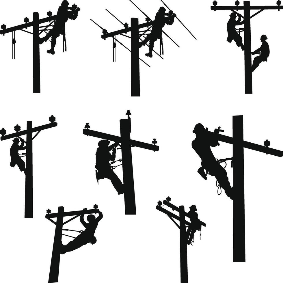 Electricians working on power lines Silhouette, Lineman SVG, Electrician Silhouette, Power Pole Bundle, Lineman Dad, Powerline, vector