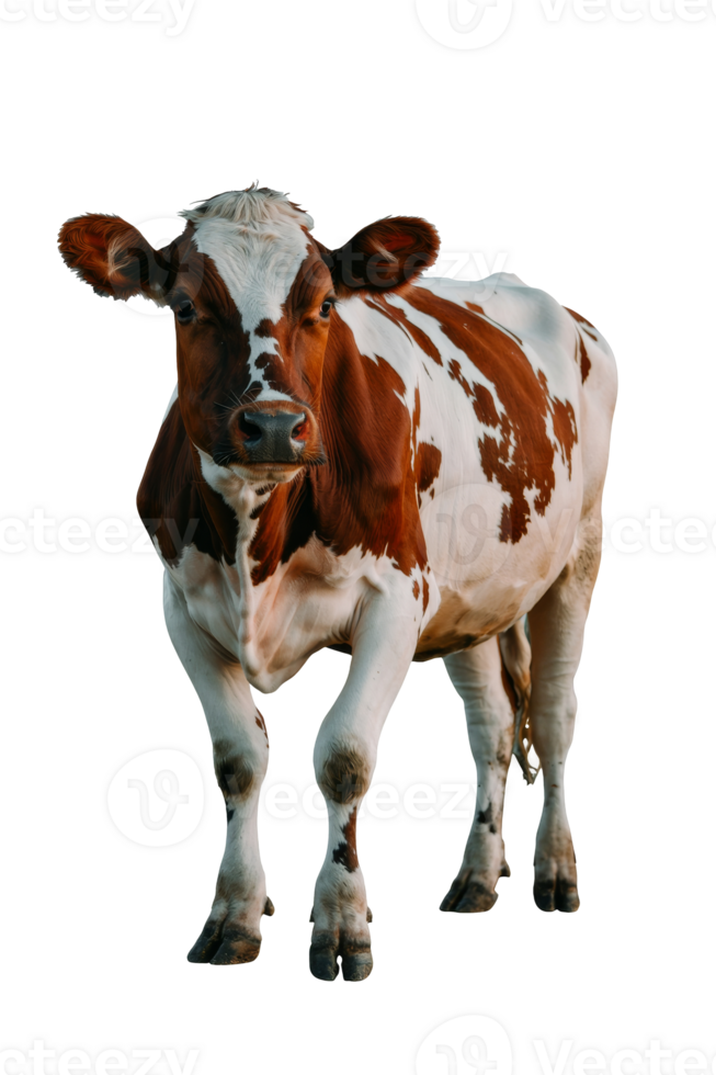 Dairy cow standing gracefully with a creamy white coat and brown patches on a transparent background png