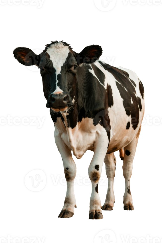 Holstein dairy cow exudes tranquility with its striking black and white pattern and serene presence on transparent background png