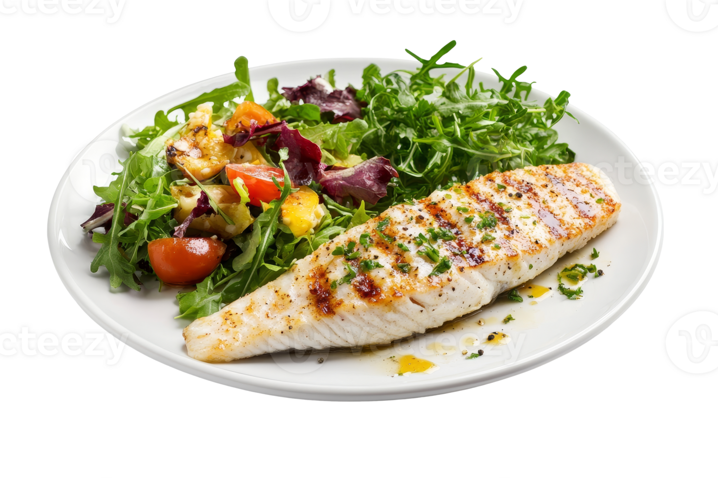 Grilled fish fillet served with fresh salad on a white plate in a studio setting showcasing vibrant colors png