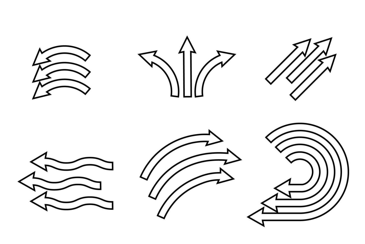 Set of black arrow showing wind air flow isolated on white background, air direction vector