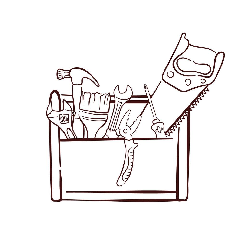Toolbox with various hand tool in line art style. Hammer, wrench, pliers, screwdriver, brush and saw. Ideal for construction maintenance repair and DIY themed design. vector