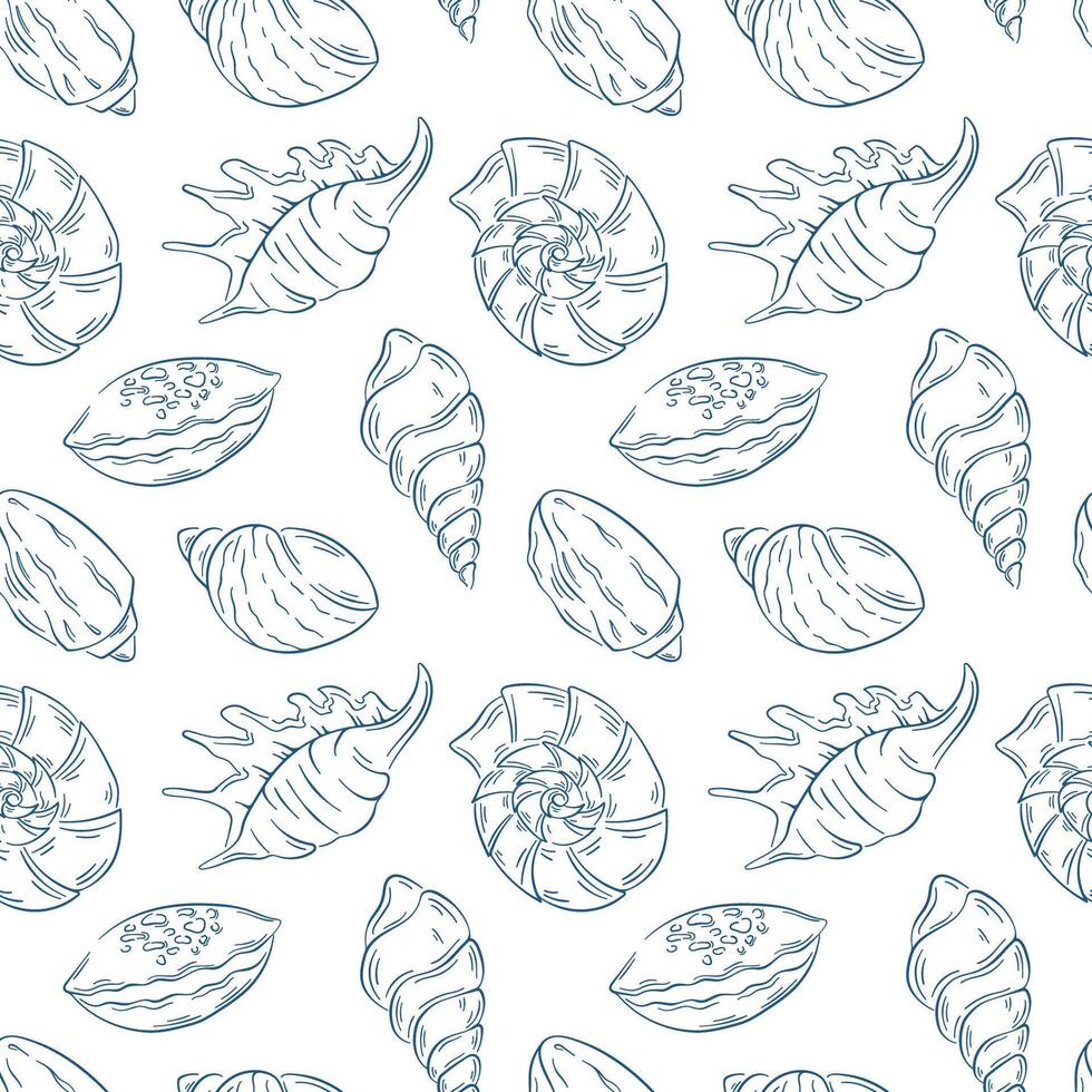 Seamless seashell pattern in blue line art style. Various ocean shell type perfect for summer beach theme, coastal decoration and marine inspired design. vector