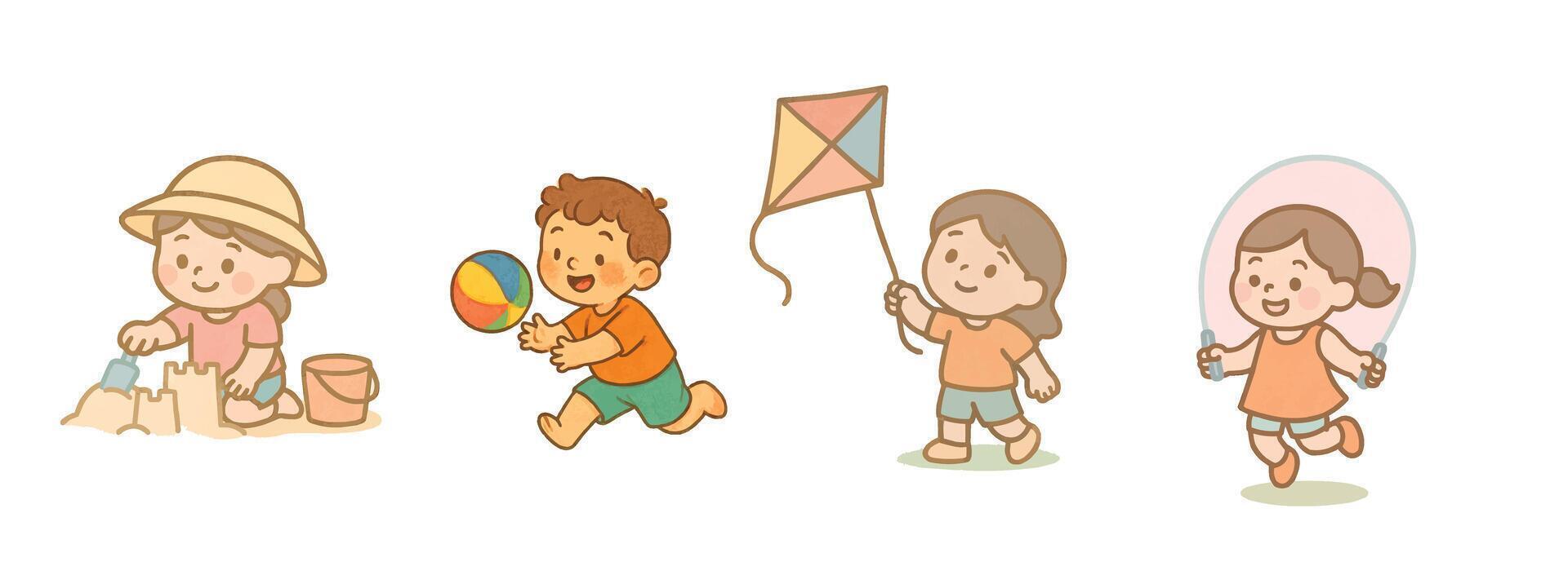 Illustration shows four kids enjoying various activities building sandcastles, playing ball, flying a kite, and jumping rope. Bright, cheerful Flats design vector