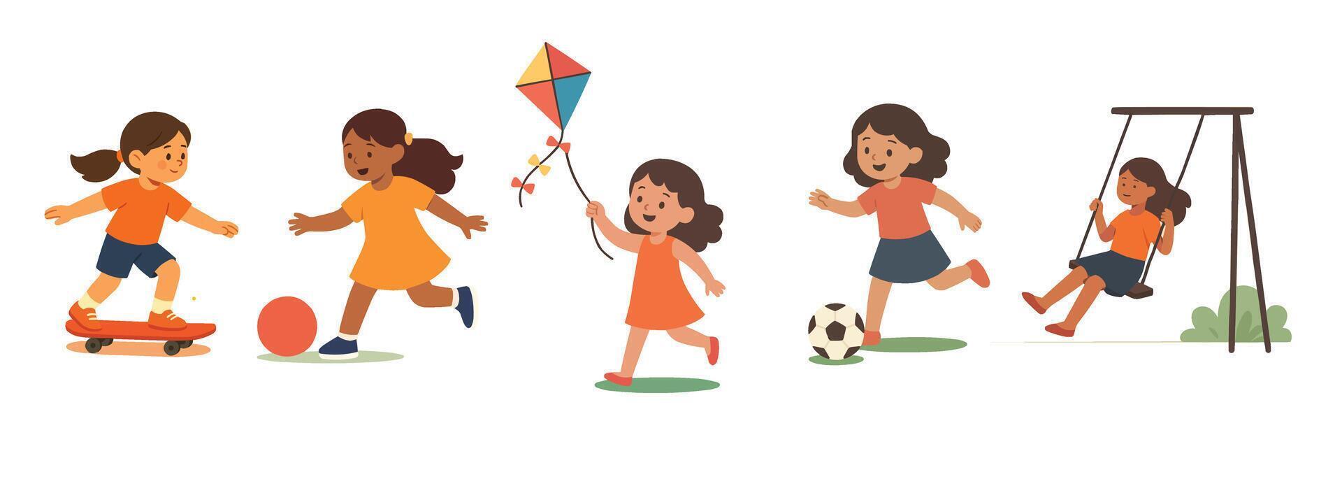 Illustration of diverse girls engaged in various outdoor activities skateboarding, soccer, kite flying, and swinging. Bright colors and playful vector