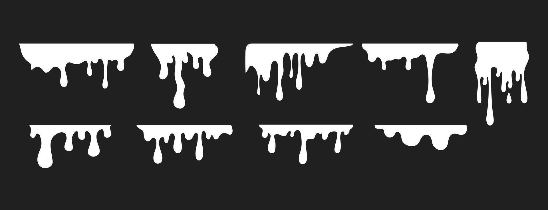 Melting white paint stains on dark background. White paint splashes with drops, liquid shape, white paint fluid vector