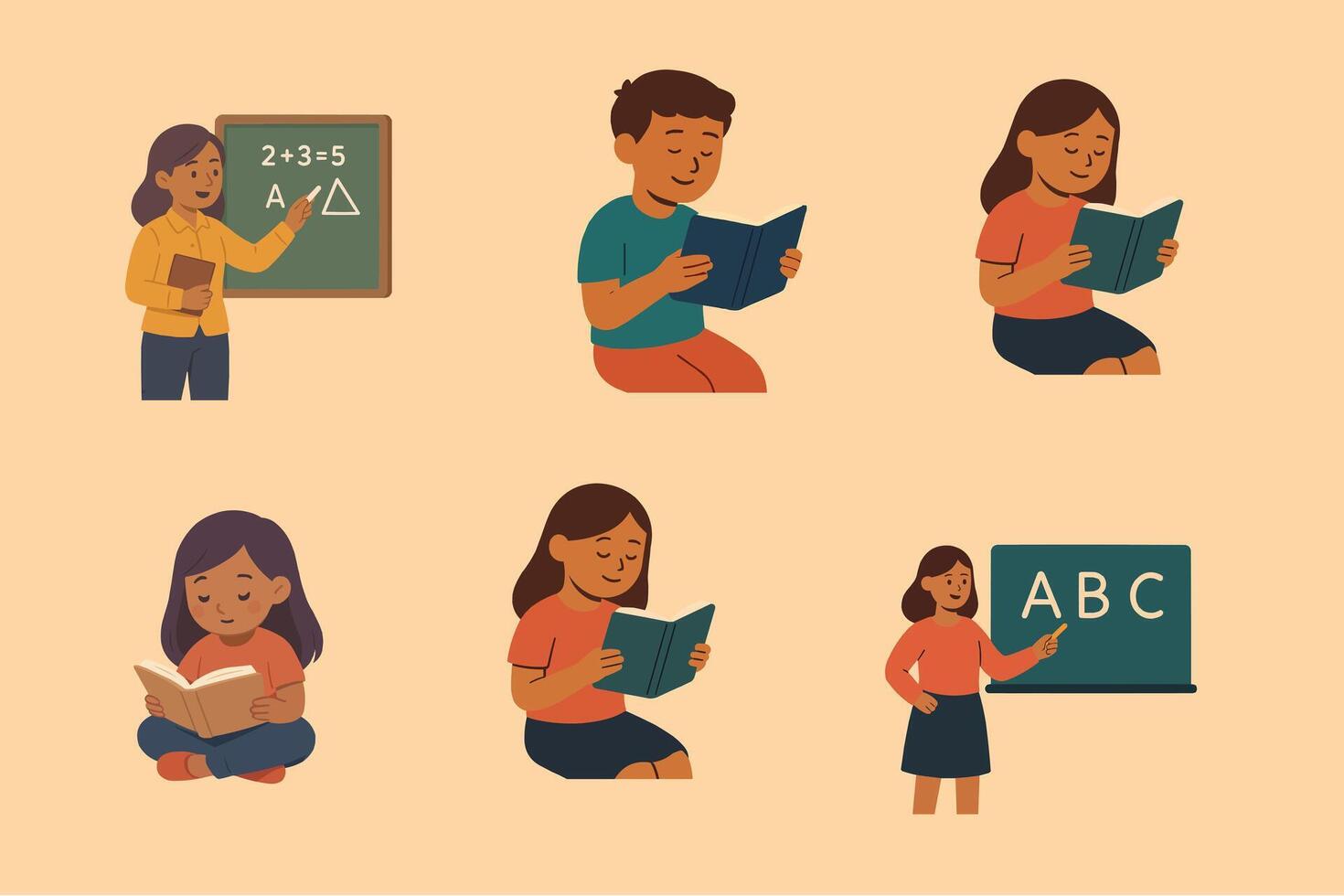 Flats design-Child reading book and Teacher instruction on chalkboard vector
