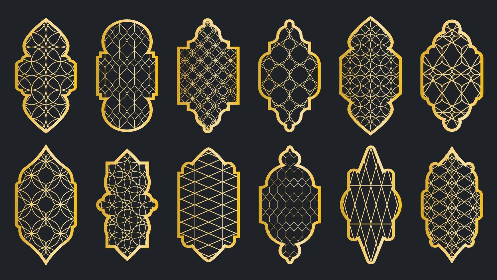 Traditional islamic windows with golden patterns vector