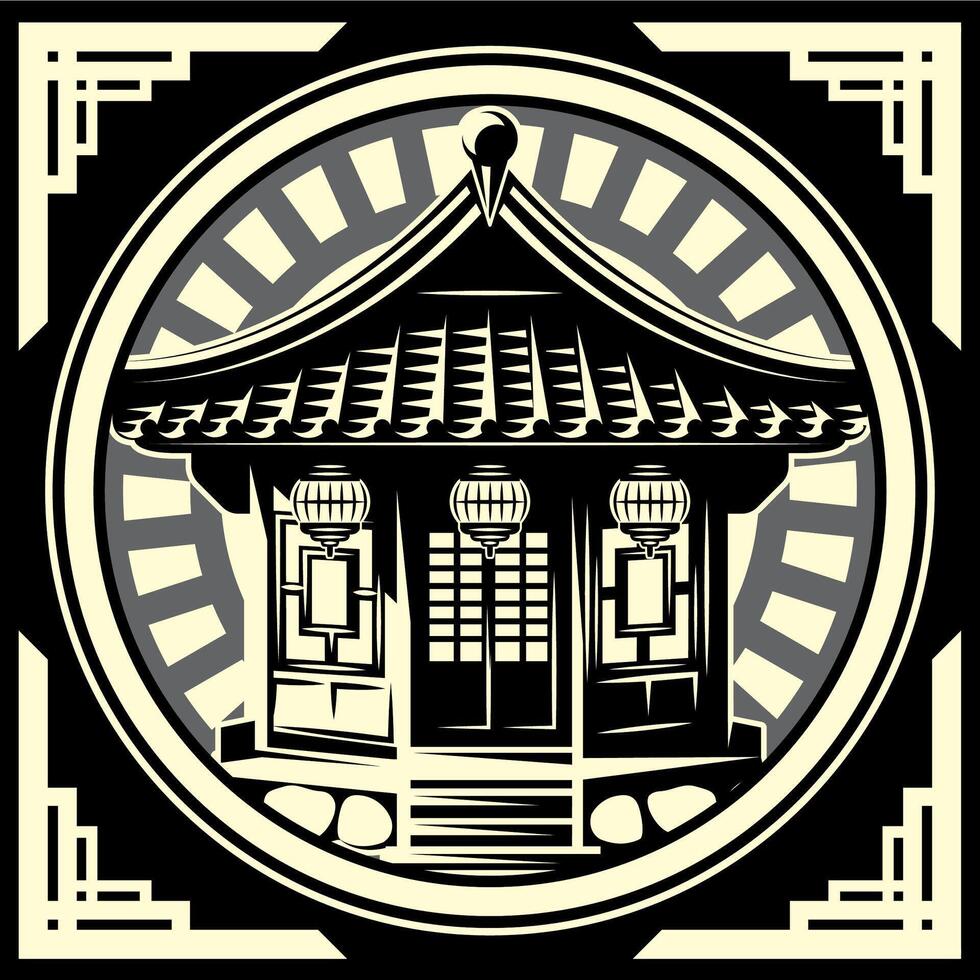 Traditional Japanese Temple in a Circular Frame with Lanterns and Steps in Black and White vector