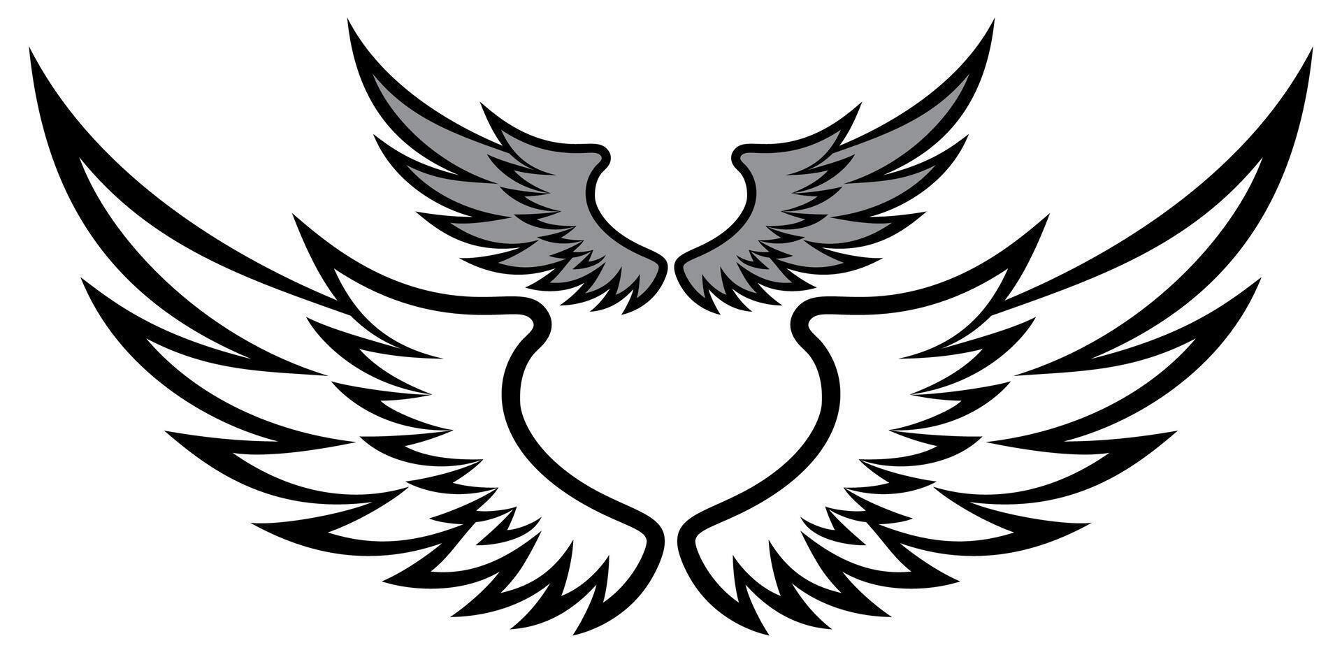 Elegant Black and White Angel Wings Illustration with Symmetrical Design and Detailed Feathers vector
